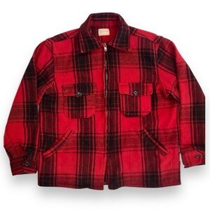 Melton Wintermaster Chore Coat Red Black Buffalo Plaid Wool Knit Jacket Size L?